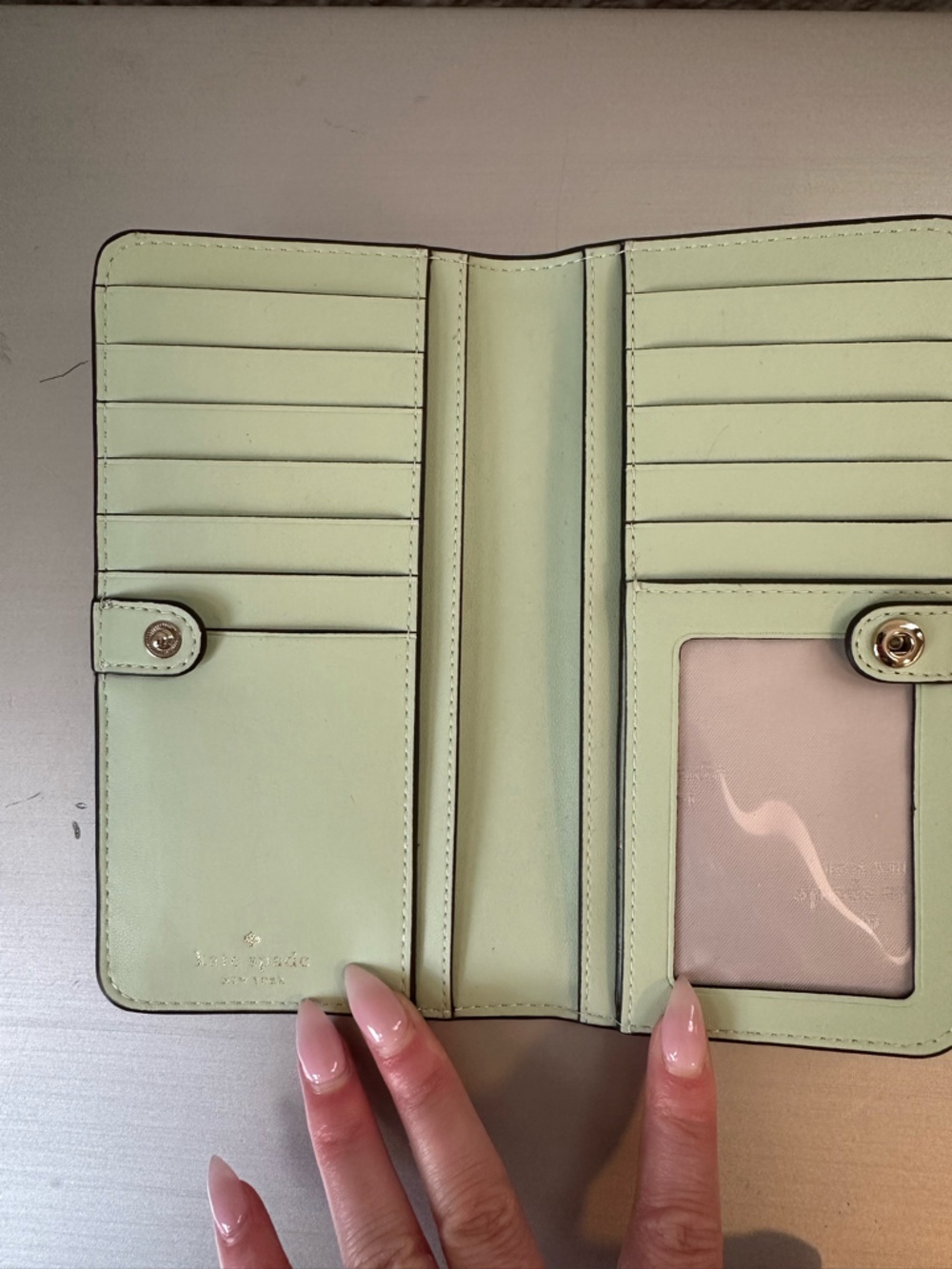Kate Spade Dumpling Pebbled Leather Large Slim Bifold Wallet Light Olive Green - Picture 7 of 9